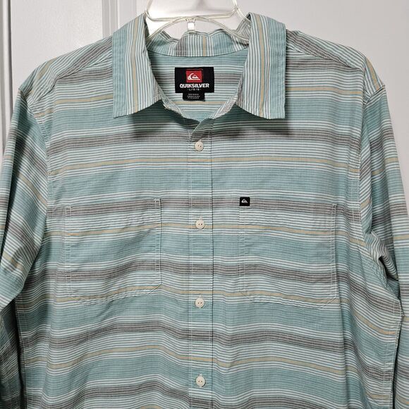 Quiksilver Shirt Men's Large Green Striped Button Up Cotton Blend Pockets GUC - Picture 2 of 8